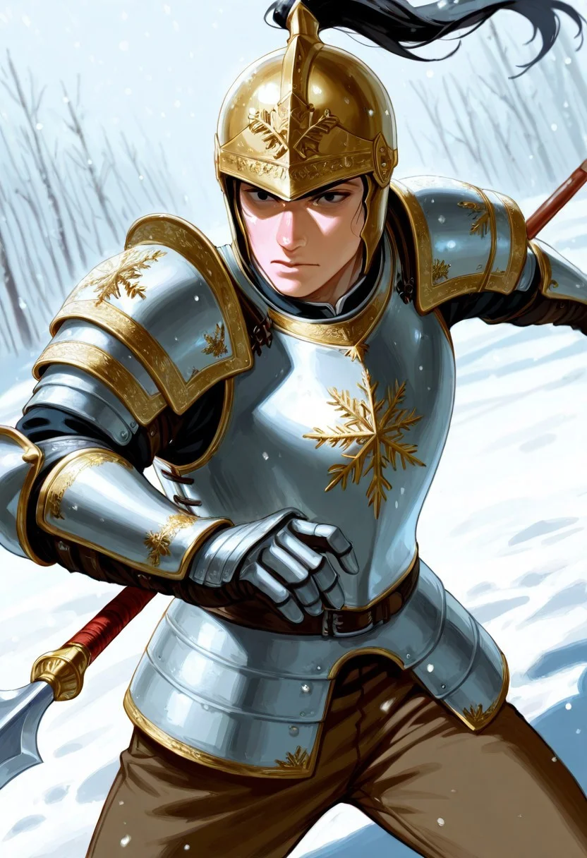 realistic shading, natural lighting, expressive serious face, machawdw-helmetted 1male focus, gold-white_machawdw_ponytail helmet, black eyes, eye_focus, holding spear, spear, fighting stance, cuirass, brown pants, armor, shiny skin, cowboy shot, snowing, snowflake, surreal, symbolic background, shadow, foreshortening, dutch angle, dynamic angle, dynamic action, intricately detailed illustration, cinematic, depth of field, atmospheric perspective, masterpiece, best quality, amazing quality, very aesthetic, absurdres, newest