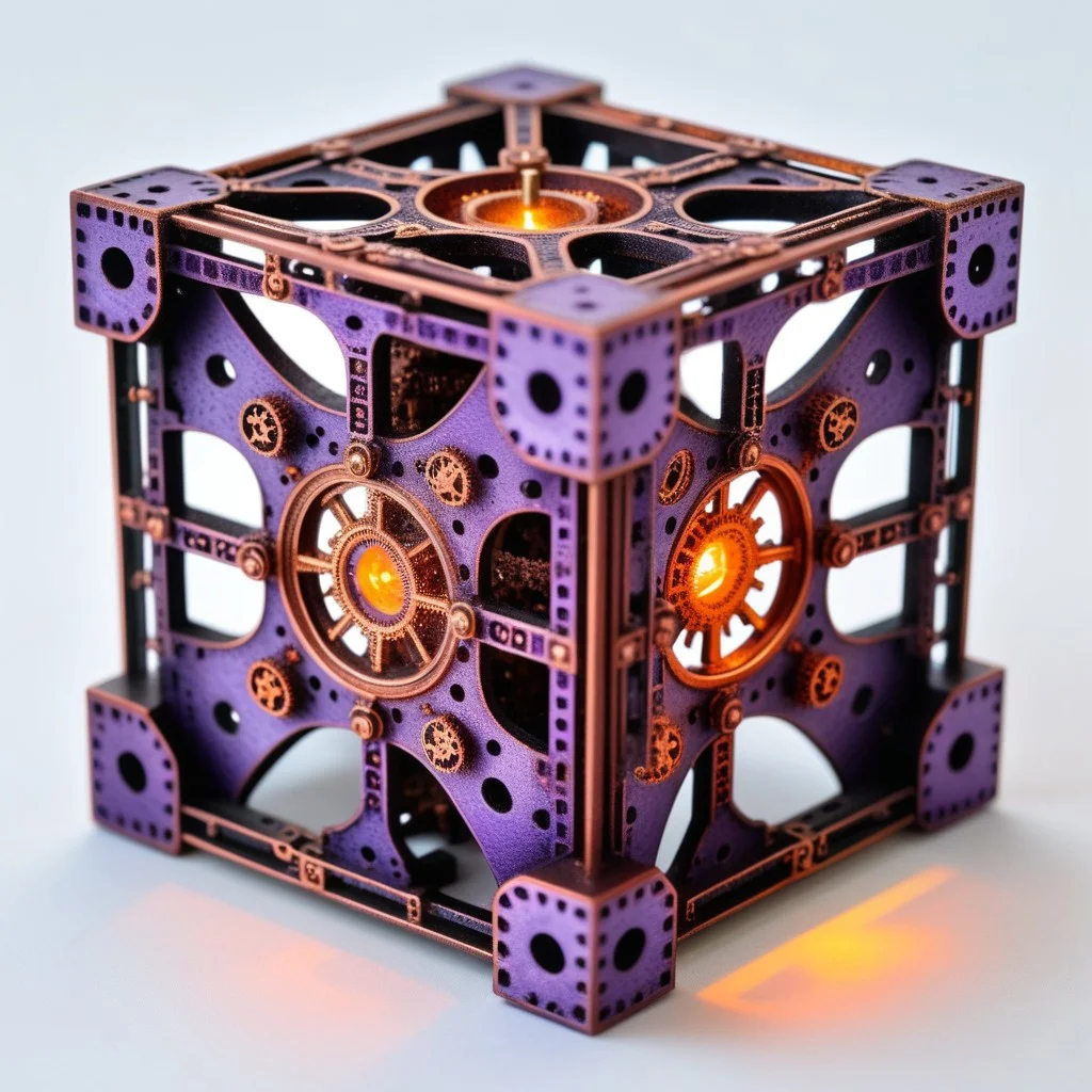 corroded cast iron termite hill cross_section menger cube, topaz, Mandelbrot set, tesseract time machines, steel and copper wiring, dodecahedron, glowing purple gears, spherical mechanism