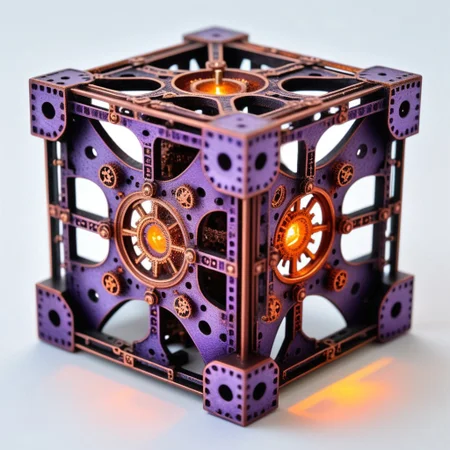 corroded cast iron termite hill cross_section menger cube, topaz, Mandelbrot set, tesseract time machines, steel and copper wiring, dodecahedron, glowing purple gears, spherical mechanism
