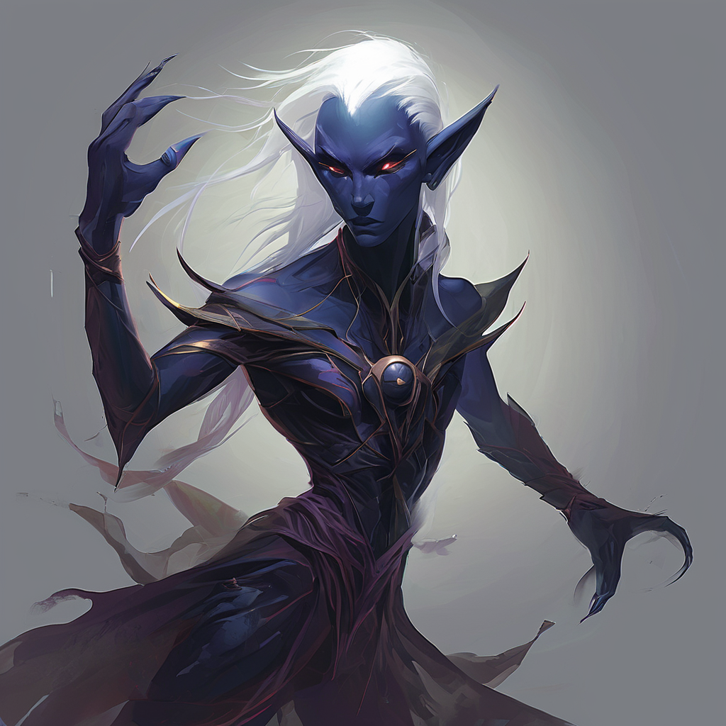 Drow are the Dark Elves of the Underworld - fearless killers who are known for both their spellcasting and fighting ability. Though more frail than humans,they are solid fighters with a great reputation of ruthlessness and precision. Those who cross a dark elf usually meet a swift demise. Drow are tallish elves with indigo skin and white hair,and usually have either red or golden eyes.,masterpiece,long exposure,layered elements,motion photography,stark contrasting color transitions,saturated colors,harmonious color story,illusionism,beautiful details,blackhole energy core,
<lora:artfullydrow__sdxl_v1:1>,
