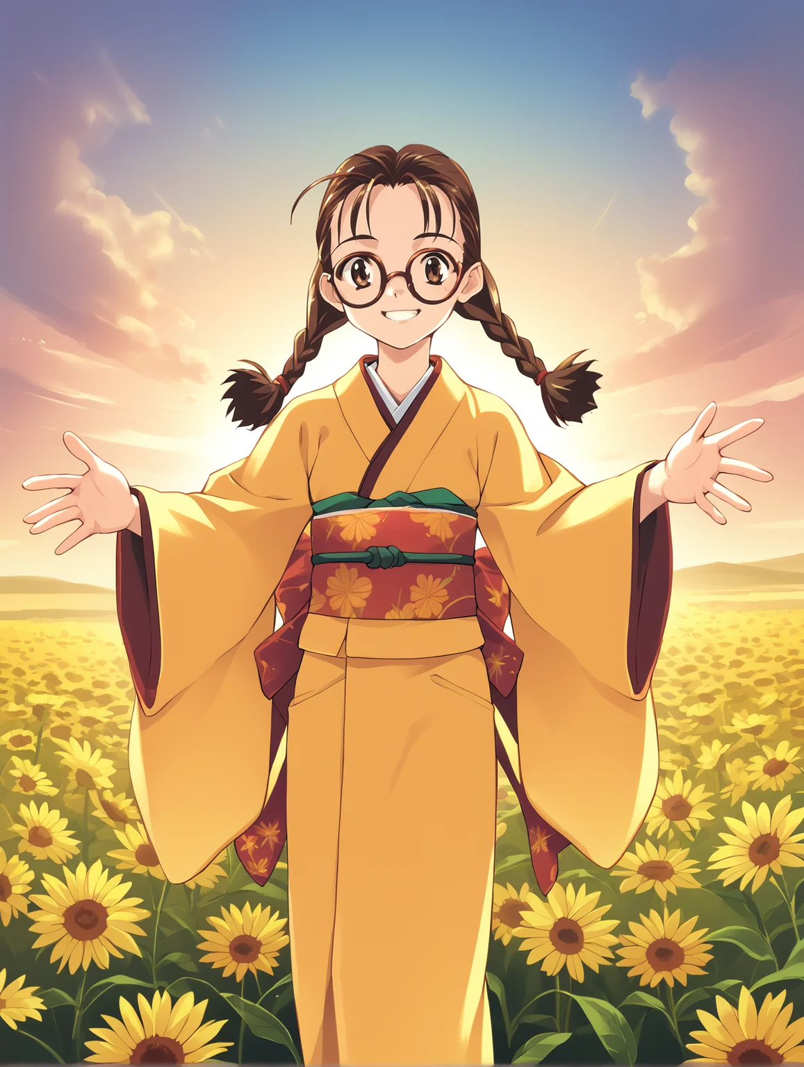 score_9, score_8_up, score_7_up, <lora:mikagura-v2-ponyxl:1>
higaki, glasses, yellow kimono
1girl, solo, smile, flower field, outstretched arms, sunset