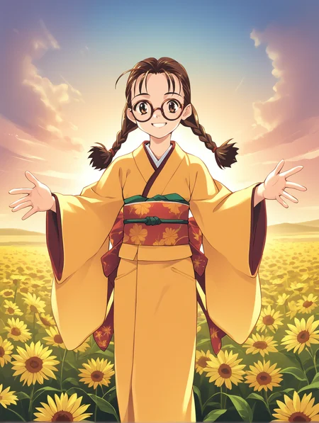 score_9, score_8_up, score_7_up, <lora:mikagura-v2-ponyxl:1>
higaki, glasses, yellow kimono
1girl, solo, smile, flower field, outstretched arms, sunset