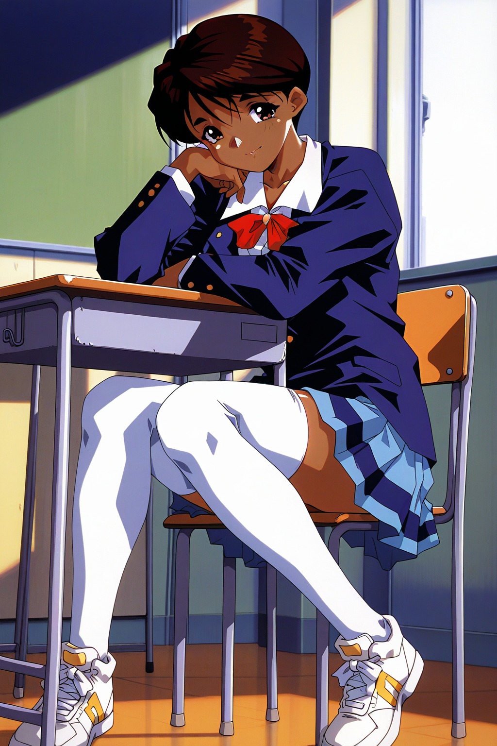 masterpiece, best quality, amazing quality, absurdres, solo, tohno mizuki, smile, sitting, chair, school desk, closed mouth, head on hand, elbow rest, looking at viewer, short brown hair, brown eyes, dark skin, school uniform, blue blazer, white shirt, blue striped skirt, pleated skirt, white thighhighs, white sneakers, indoors, classroom, window