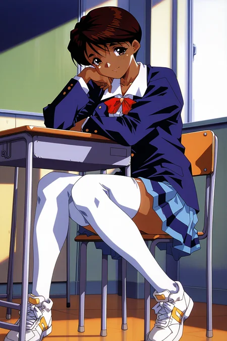 masterpiece, best quality, amazing quality, absurdres, solo, tohno mizuki, smile, sitting, chair, school desk, closed mouth, head on hand, elbow rest, looking at viewer, short brown hair, brown eyes, dark skin, school uniform, blue blazer, white shirt, blue striped skirt, pleated skirt, white thighhighs, white sneakers, indoors, classroom, window