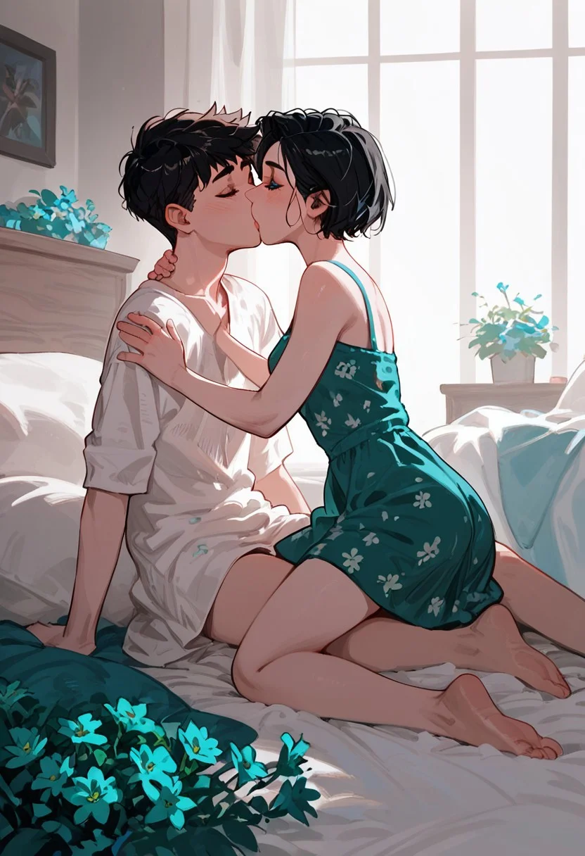 score_9, score_8_up,
1girl, female, pale white skin, pale blue eyes, thin, black hair, pixie haircut, short hair, emerald flower summer dress, on her knees, kissing, 1male night, on a bed, bedroom, intimate