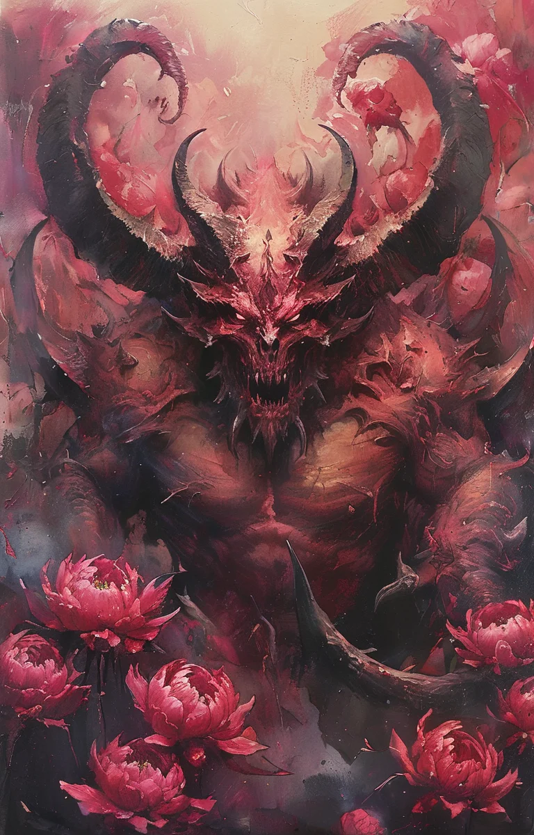 masterpiece,best quality,<lora:tbh258-sdxl:0.9>,illustration,style of diablo,monster, demon wings, demon tail, demon horns,  decaying peonies