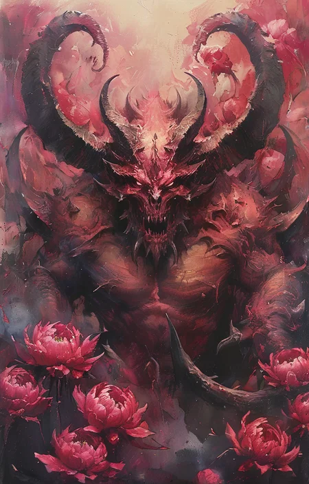 masterpiece,best quality,<lora:tbh258-sdxl:0.9>,illustration,style of diablo,monster, demon wings, demon tail, demon horns,  decaying peonies