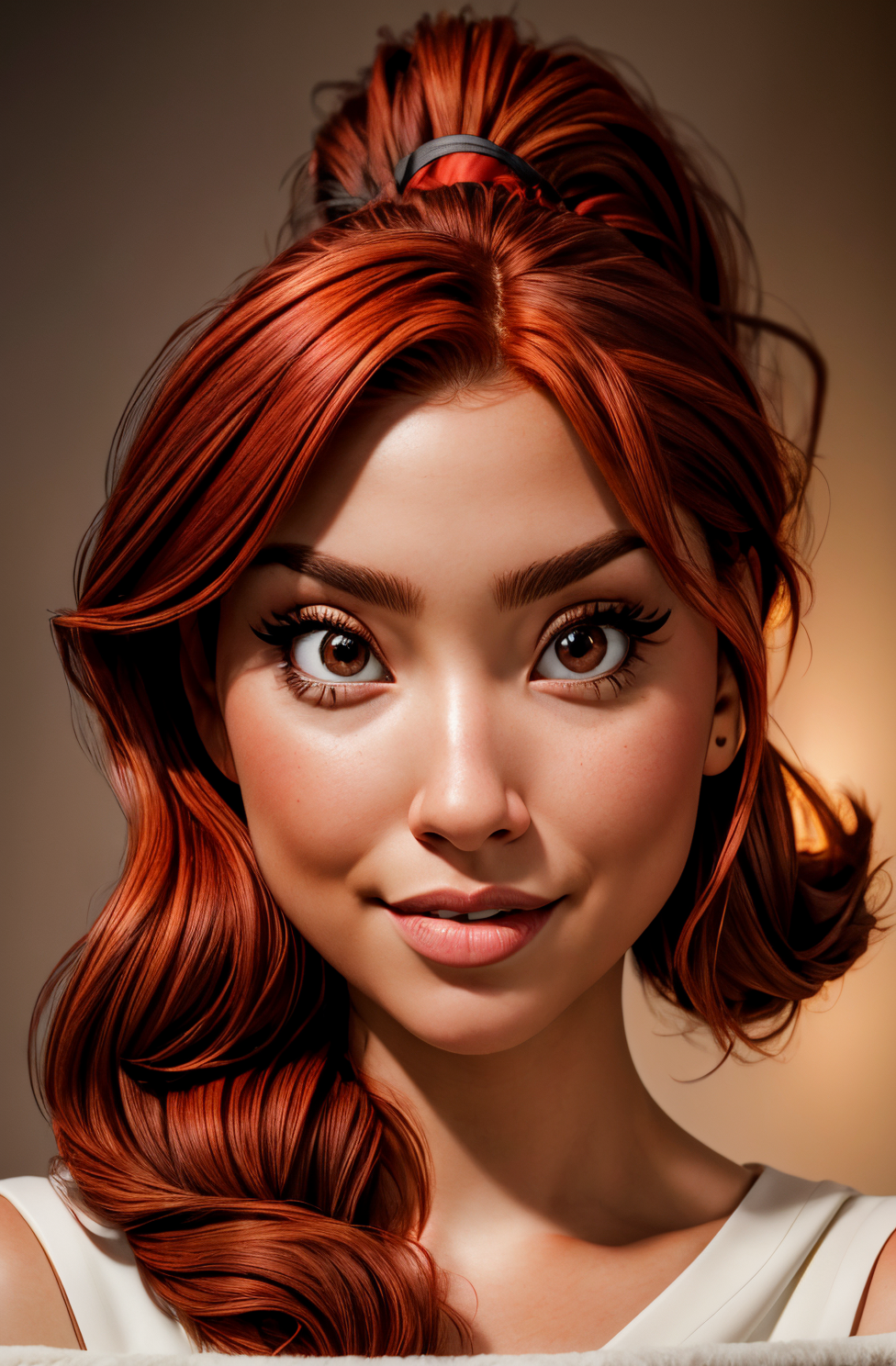 <lora:Coral_Miller:0.8> red hair, ponytail, wavy hair, brown eyes, high quality photography, 3 point lighting, flash with softbox, 32k, Canon EOS R3, hdr, smooth, sharp focus, high resolution, award winning photo, 80mm, f2.8, bokeh <lora:add_detail:1>  <lora:p3r3zstyle_v3:0.6>