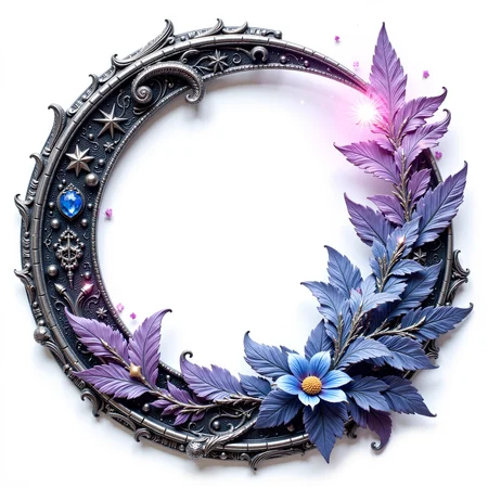 a high detailed circular token frame on a white background with an empty white centre. Design of: a crescent moon glowing softly in silver tones, surrounded by swirling black, blue, and purple magic elements that blend softly together, creating an ethereal aura. The moon is encased in intricate silver filigree patterns that shimmer with magical energy, while delicate glowing symbols radiate inner light around it, emitting beams of colorful energy