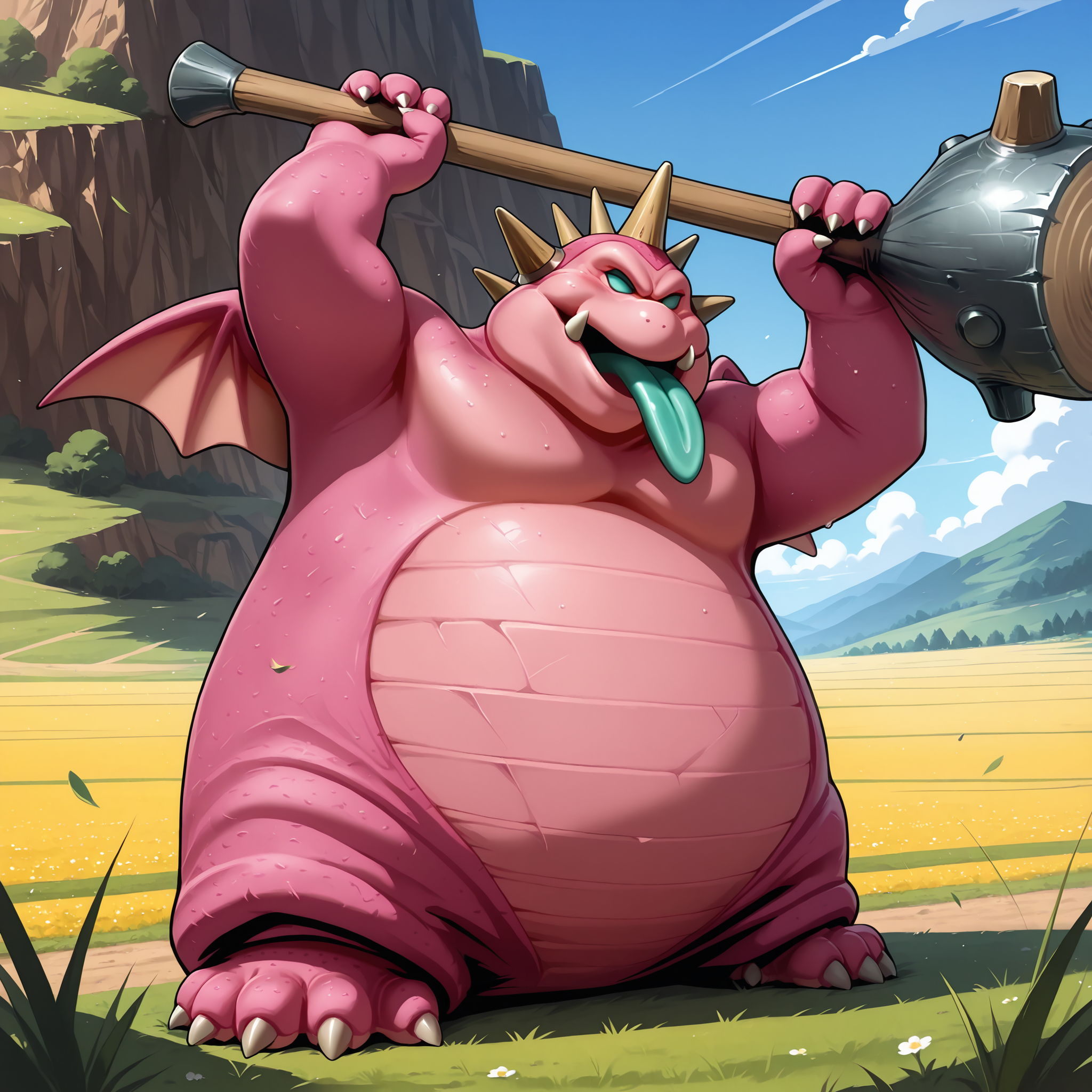 masterpiece,best quality,super detailed,extreme detailed,full_body,day,field,no humans BREAK nightclubber_(dq),holding hammer,horns,tongue out,wings,pink_skin,<lora:nightclubber_(dq)-IL:1>,arm up,