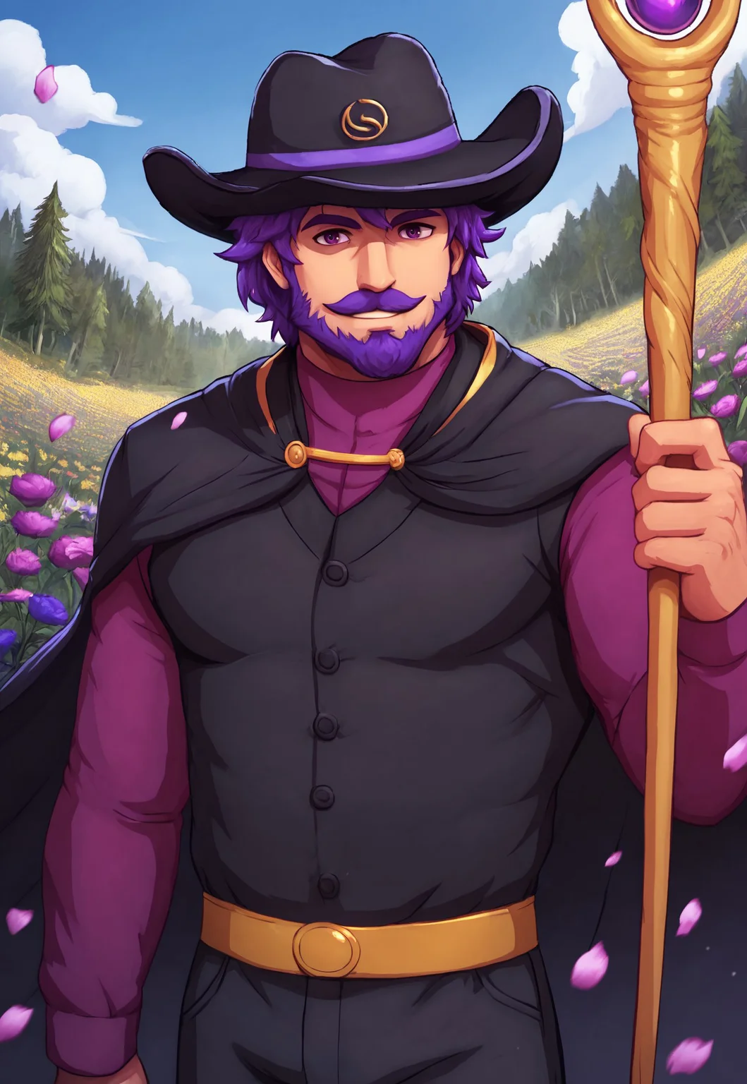 score_9, score_8_up, RasmodiusSV, purple hair, short hair, purple eyes, beard, mustache, mature male, muscular, hat, cape, violet turtleneck shirt, black vest, upper body,, looking at viewer, smile, dynamic pose, detailed background, dutch angle, forest, blue sky, clouds, flowers, petals on the wind, holding a staff, gold belt, black pants, cowboy shot, magic,