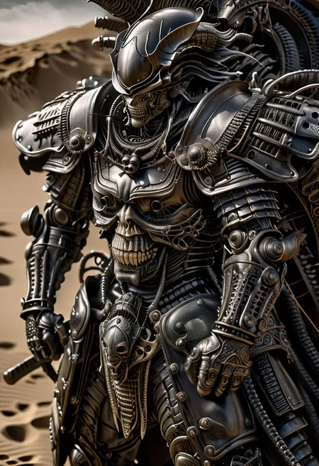 stunning, magnificent, HD, photorealistic, samurai, dramatic lighting, solo, standing alone in a desert, intricate details, intricate armor, intense gaze, mythical, legendary, powerful, ((dark, evening)), cinematic, close-up, art by hr giger,
armor, science fiction, no humans,
vintage painting,painting,realism,Americana art,artistic style