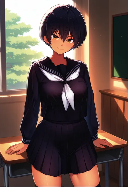 masterpiece, best quality, amazing quality, 1girl, solo, cowboy shot, nanaseww, tomboy, dark skin, dark-skinned female, tan, tanlines, brown eyes, black hair, short hair, bangs, hair between eyes, medium breasts, school uniform, black serafuku, sailor collar, white neckerchief, black shirt, long sleeves, black pleated skirt, black socks, looking at viewer, smile, indoors, day, skindentation, detailed clothing folds, depth of field, sharp, high contrast, dynamic light <lora:Nanase_Tachibana_Karada_Ubaware_ill_v20:0.9>