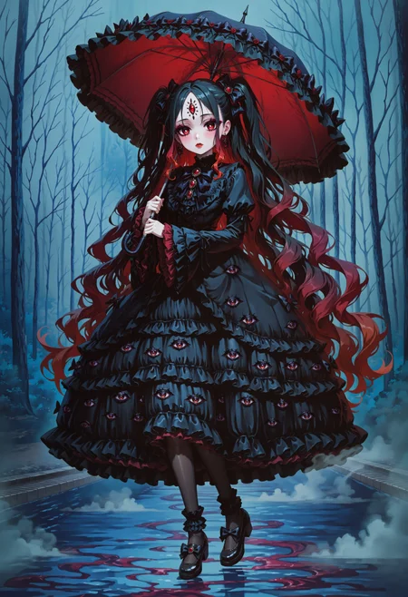 GDILV1.0, 1girl, gothic, black hair, red hair, very long hair, wavy hair, two side up, hair bow, red eyes, (bright pupils:1.2), white pupils, two-tone hair, gradient hair, two-tone hair, hair ornament, masterpiece, best quality, absurdres,
(horror \(theme\), eldritch abomination), disembodied eyes, extra eyes, too many eyes, eyes on clothes, eyes on skirt, (empty eyes),
gothic, gothic_lolita, black dress, frilled dress, layered dress, blouse, showgirl skirt, puffy sleeves, long sleeves, wide sleeves, frilled sleeves, sleeves past fingers, too many frills, too many bows, ribbons, earrings, brooch, forehead jewel, jewelry, black pantyhose, frilled socks, shoes,
lipstick, red lips, fake eyelashes, blush, gothic makeup,
abstract, abstract background, surreal, outdoors, night, (dark), overcast, path, forest, bare trees, fog, pool of blood,
solo, full body, looking at viewer, expressionless, parasol, holding umbrella, frilled umbrella, (heel up)