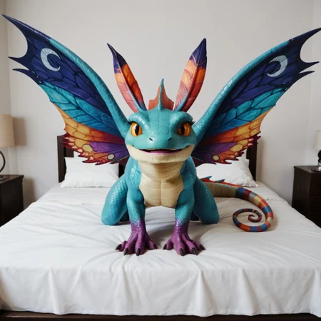 core_9, score_8_up, score_7_up, score_6_up, masterpiece, high quality, realistic, detailed, best quality, 1girl, solo, rating_safe, source_furry, bedroom, smiling, seductive, looking at viewer, negative_hand, full body, dragon, faerie dragon, scales, wings, tail, head feathers, colorful wings, feral, 1girl, female, claws, yellow sclera, flying above bed