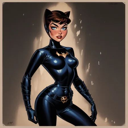 score_9, score_8_up, score_7_up,score_6_up, artist style:Urushihara Satoshi, source_hentai, source_anime, masterpiece, 2D, catwoman, selina_kyle, bruce_timm, pinup_(style), T1mmStyl3, BREAK, selina_kyle,, solo, 1woman, brown hair, blue eyes, catsuit, leather, skintight, black_bodysuit, pinup,