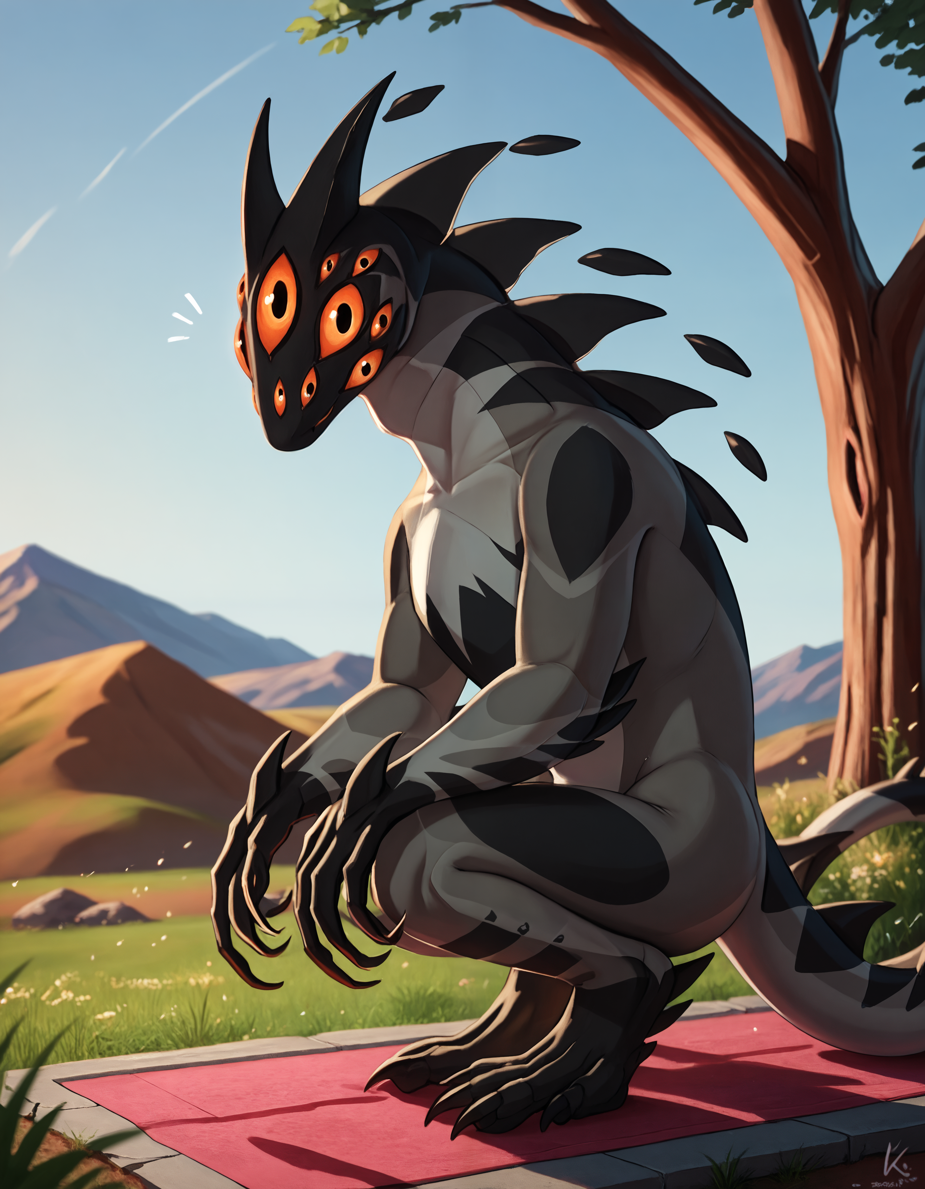 score_9, score_8_up, score_7_up BREAK rating_safe, source_furry, detailed, depth of field, detailed background, cinematic lighting, particles, decals, masterpiece, (best quality, high quality, 8K:1.5), <lora:sinfully_stylish_SDXL.safetensors:0.95>,  embedding:zPDXL3, anthro, <lora:add-detail-xl.safetensors:2.5>, <lora:Jerry_Creatures_Of_Sonaria.safetensors:0.95>, j3rry_cos, anthro, furry, 1boy, extra eyes, no humans, solo, claws, red eyes, smile, cute, looking at viewer, tail, two-tone body, black body, grey body, landscape background, solo,  (close up, from side, crouching , flustered:1.15)