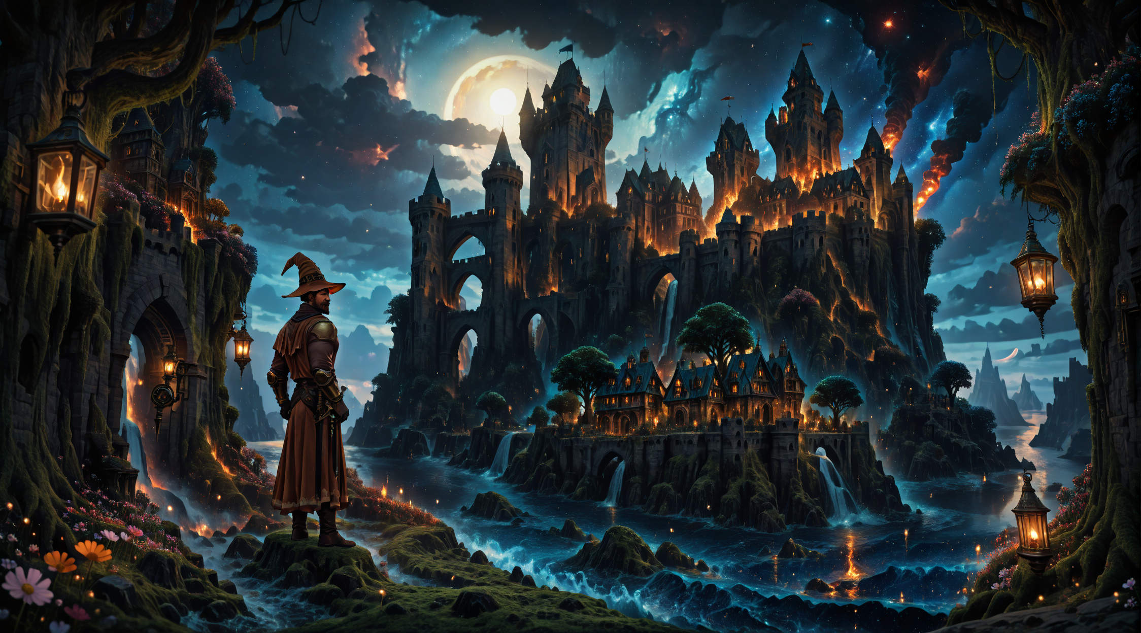 <lora:Medieval_Worlds_Specialv2:.8> T6, fantasy, gold, bokeh, dark,, mw01out, medieval, steampunk, sun shades, very detailed, (very) narrow street, (rough) river, (rough) sea, on a mountain, island, lake, (high) castle (in the background), (high) tower (in the background), castle bridge, sign(s), shop(s), gold elfin markings, little garden, illuminated,city lights, house(s), (lanterns),arch, vegetation, tree(s), roots, flowers, moss, grass, fireflies, waves, mist, smoke, person(s), knight, wizard, sword, wizard staff
(very short hair, beard, bara, mature, facial hair, stubble, beard, full beard, sideburn, beard, a lot of beard, ), facial hair,male focus, muscular male, muscular male, bara, mature,  bara, mature, aixiwuganda_(20222192), very awa, masterpiece, best quality, absurdres, newest, perfect quality, detailed background, intricate details,
<lora:slider_Body Type_alpha1.0_rank4_noxattn_last:3><lora:style_Anime Summer Days 2 Style SDXL_LoRA_Pony Diffusion V6 XL:.6><lora:slider_cfg_scale_boost:.7><lora:face_Artist6p-10:.55>, Artist6p, Artist04p,<lora:slider_il_brightness_slider_d1:-1><lora:slider_il_contrast_slider_d1:-1><lora:slider_DarkSlider1.2_alpha1.0_rank16_full_300steps:-.6>