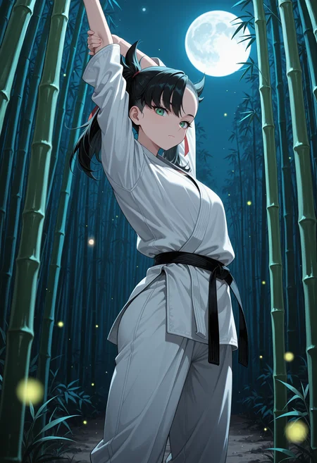masterpiece, best quality, highres, absurdres, very awa, 1girl, solo, m4rn1edef, medium hair, black hair, asymmetrical bangs, twintails, undercut, dougi, martial arts belt, outdoors, (bamboo forest), full moon, night, stretching, arms up, hand on own arm, green eyes, eyelashes, hair ribbon, red ribbon, white pants, fireflies, looking at viewer, blurry, blurry background, closed mouth