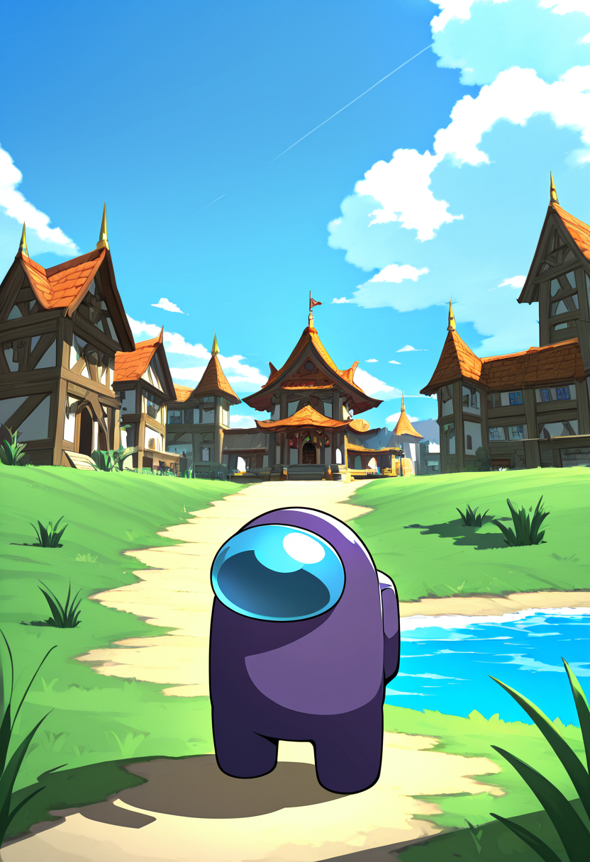 masterpiece, best quality, solo,   solo, standing, full body, outdoors, sky, day, cloud, water, blue sky, Among Us, no humans, shadow, grass, building   ,        <lora:WindWakerStyle_NAI:1.0>,