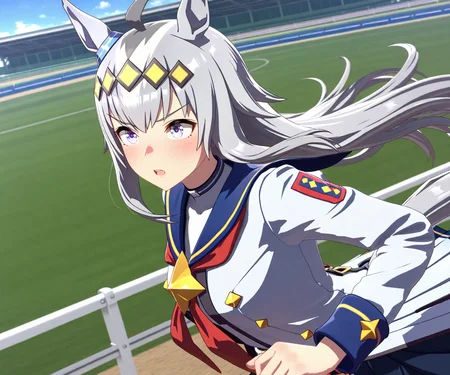 masterpiece, best quality, amazing quality, , 1girl, solo, racetrack, running, <lora:Oguri Cap in game style 3D ILL-v2:1> ummsmingame, 3d, oguri cap \(umamusume\),