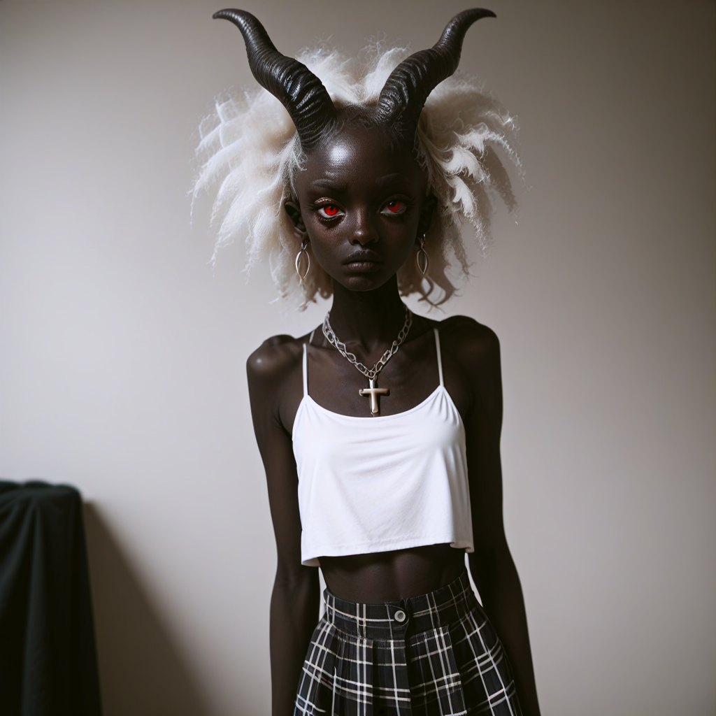 score_9_up, score_8_up, score_7_up, 
1girl, solo, <lora:bdemonpony011:1>, colored skin, pale skin, black skin, black hands, black feet, red eyes, black iris, monster girl, skinny, slim, horns, white hair,  
chain necklace, cross necklace, bracelets, white shirt and plaid skirt, 
indoors, dark black room, music decorations, 80's punk style, solo,  <lora:Skin Color_alpha1.0_rank4_noxattn_250steps:2.0>