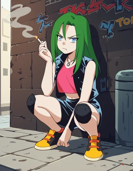 score_9,  score_8_up, score_7_up, <lora:PMTyra:1:lbw=0,0,0,0,0,0,1,1,0,0,0,0> PMTyra, long hair, green hair, blue eyes, bangs, breasts,
necklace, black vest, pink shirt, sleeveless, midriff, black skirt, miniskirt, knee pads, sneakers, yellow footwear,
1girl, solo, annoyed, looking to the side, wall, alley, graffiti, squatting, smoking, night