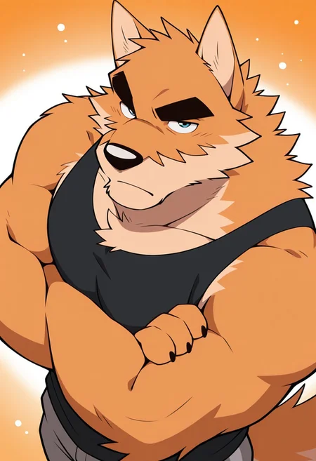Otake, orange background, detail background, blurry background, 1boy, solo, anthro, dog, male, short ears, canine ears, furry, orange fur, beige fur, two tone fur, blue eyes, thick black eyebrows, pointed ears, strong arms, broad shoulders, large build, dog tail, fluffy tail, black claws, black nose, BREAK black tank top, gray shorts, crossed arms, arms crossed, from above, looking up at viewer, close-up, upper body, serious