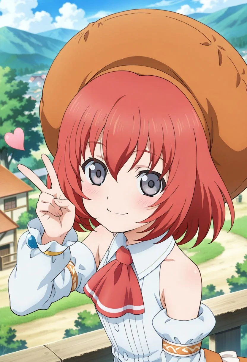 detailed eyes, beautiful, detailed background, perfect eyes,
source_anime, very aesthetic, anime coloring, masterpiece, official art,
<lora:HandFineTuning_XL:1>
BREAK,
village, trees, flowers, blurry background,
from side, cowboy shot, dynamic angle,
blush, peace sign, heart, looking at viewer,
BREAK,
<lora:seles_illustrious_v01:0.95>
orange headwear, orange hat, red hair, short hair, grey eyes, hair between eyes, sidelocks, 
red ascot, white shirt, sleeveless, detached sleeves, orange skirt, frills,