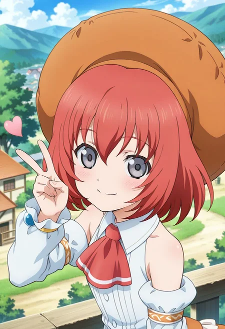 detailed eyes, beautiful, detailed background, perfect eyes,
source_anime, very aesthetic, anime coloring, masterpiece, official art,
<lora:HandFineTuning_XL:1>
BREAK,
village, trees, flowers, blurry background,
from side, cowboy shot, dynamic angle,
blush, peace sign, heart, looking at viewer,
BREAK,
<lora:seles_illustrious_v01:0.95>
orange headwear, orange hat, red hair, short hair, grey eyes, hair between eyes, sidelocks,
red ascot, white shirt, sleeveless, detached sleeves, orange skirt, frills,