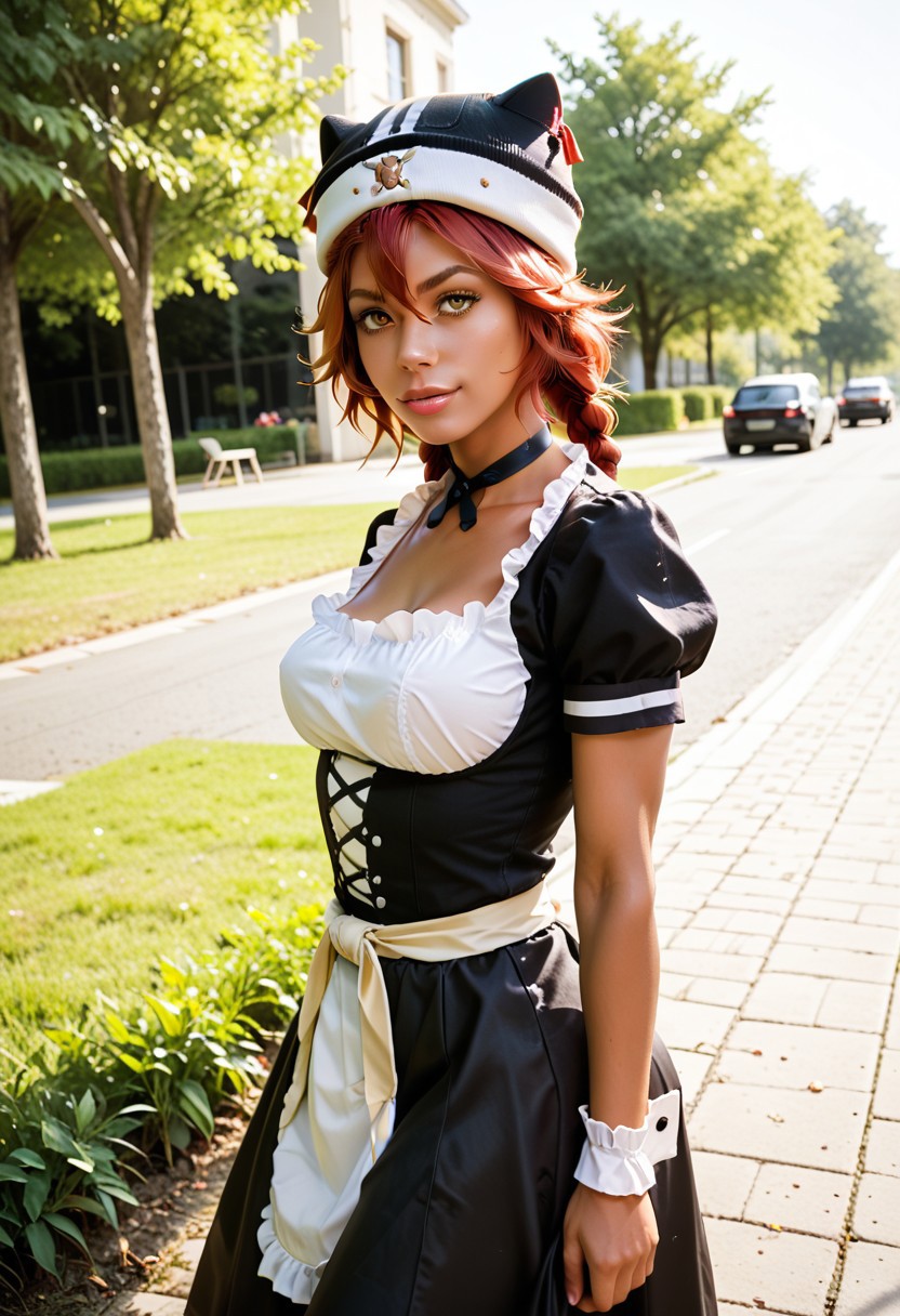 score_9, score_8_up, score_7_up, score_6_up, score_5_up, score_4_up, ((lupusregina beta)), (brown skin:1.3), red hair, twin braids, black headwear, hat, solo, maid dress, maid skirt, black choker BREAK park, angled shot, dynamic pose, dynamic angle