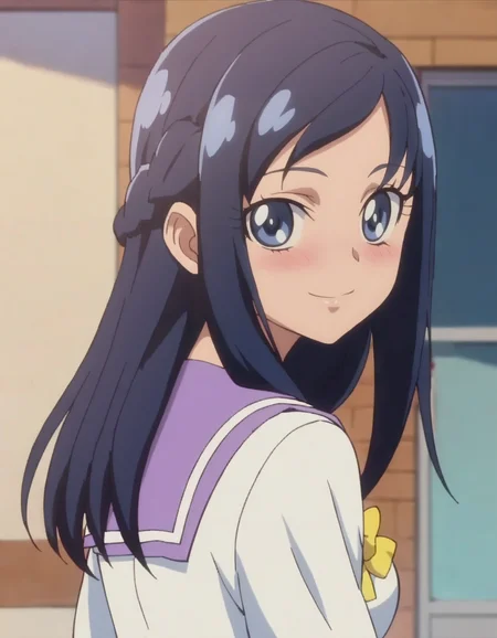 score_9, score_8_up, score_7_up, anime screencap, solo, 1girl, hishikawarikka, smile, sailor collar, school uniform, blue sailor collar,cowboy shot,medium breasts,blush,from behind,looking at viewer<lora:hishikawarikka:0.8>