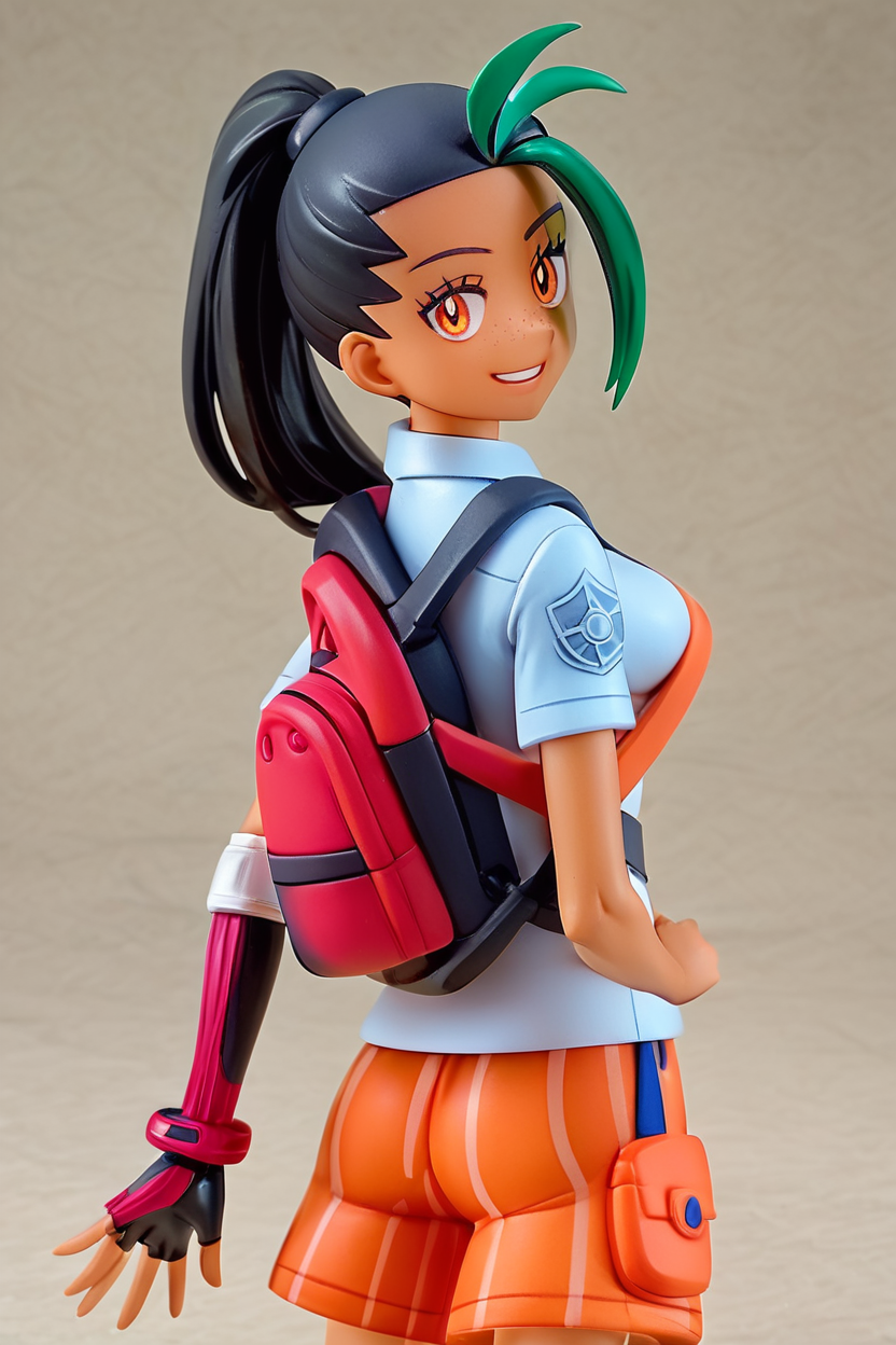 score_9, score_8_up, score_8, medium breasts, cute, eyelashes, figure,     Nemona \(Pokemon\), black hair, green hair, orange eyes, dark skin, multicolored hair, two-tone hair, hair pulled back, collared shirt, fingerless gloves, orange shorts, backpack  cowboy shot, smile, looking at viewer,  <lora:Nemona_Pokemon_P1:0.8>,    <lora:Anime_Figure_P1:0.8>,