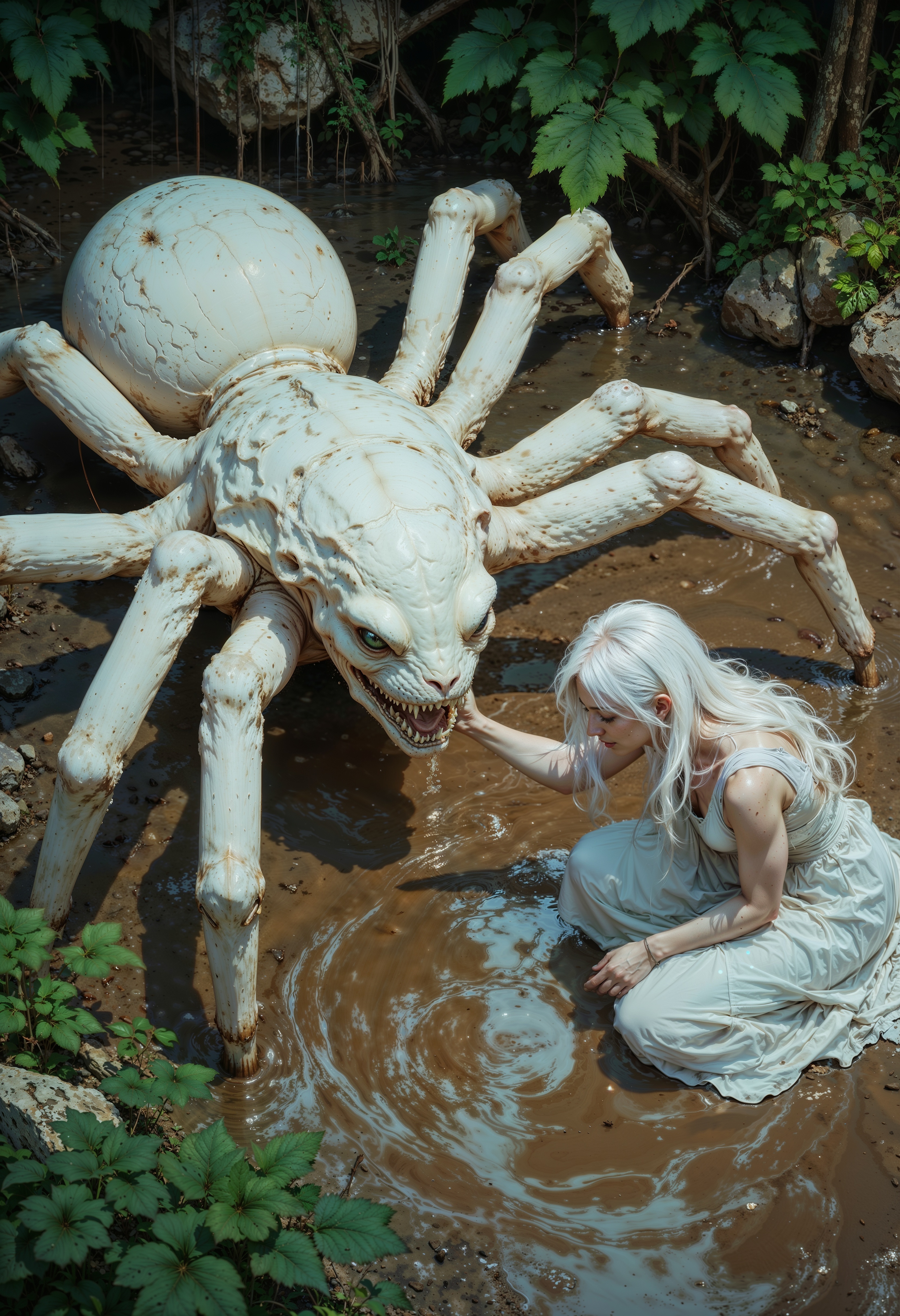 a surreal scene set in a natural outdoor environment. The layout centers on a large, white, spider-like creature with multiple legs, positioned on the edge of a muddy water body. The creature has a textured body and prominent eyes. Beside it, a person with long, flowing white hair and a pale complexion is kneeling in the water, wearing a white, ethereal gown. The person is gently touching the creature, creating a sense of interaction. The background is lush with greenery, adding to the mystical atmosphere. The lighting is soft, casting a serene and otherworldly glow over the scene.
