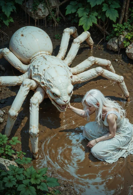 a surreal scene set in a natural outdoor environment. The layout centers on a large, white, spider-like creature with multiple legs, positioned on the edge of a muddy water body. The creature has a textured body and prominent eyes. Beside it, a person with long, flowing white hair and a pale complexion is kneeling in the water, wearing a white, ethereal gown. The person is gently touching the creature, creating a sense of interaction. The background is lush with greenery, adding to the mystical atmosphere. The lighting is soft, casting a serene and otherworldly glow over the scene.