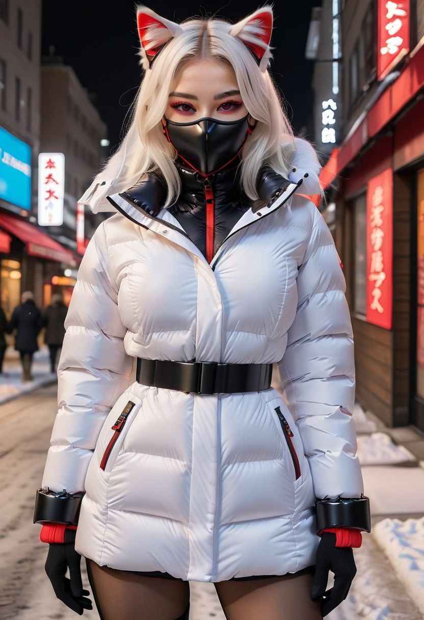 ((((padded down coat)))), ((((padded puffer coat)))), ((((padded winter clothes)))), ((((very cold)))), ((((puffer hood up)))), ((((full body)))), beautiful, masterpiece, 1girl, mature female, (((white long hair))), (((red eyes))), cat ears, large breasts, gloves, chest harness, (((half face mask))), army, Red digital camouflage, steam, cyberpunk, city, neon lights, pressure squeezing cuffs, pressure squeezing collar, (Thick padded cuffs:1.4), (Thick padded collar:1.4), <lora:Collar-SDXL:0.75>, <lora:Cuffs-SDXL:0.75>, <lora:fashion_lora:0.6>