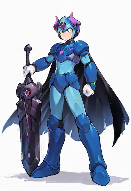 masterpiece, best quality, amazing quality, highres, high resolution, solo, score_9, score_8_up, score_7_up, 1boy, 1boy, :green_eyes, blue_helmet, blue_armor, blue_bodysuit, white_gloves, blue_boots, black greatsword, holding black greatsword, megax, gore magala armor, purple horn ornament, black cape, full body,