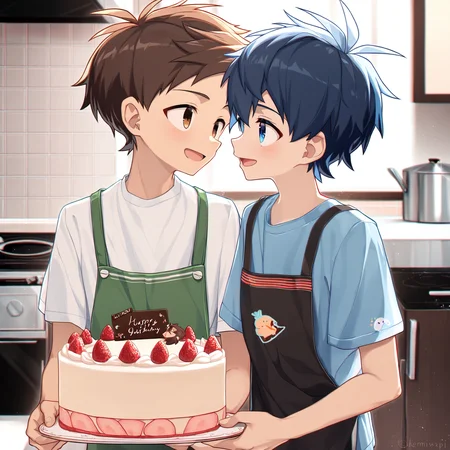 masterpiece, best quality, good quality, koemixpi-style, indoors, kitchen, 2boys, brown hair, blue hair, smile, eye contact, holding cake, depth of field, chromatic aberration <lora:koe-mixpi_naiXL_v3b_ShoAI:1>