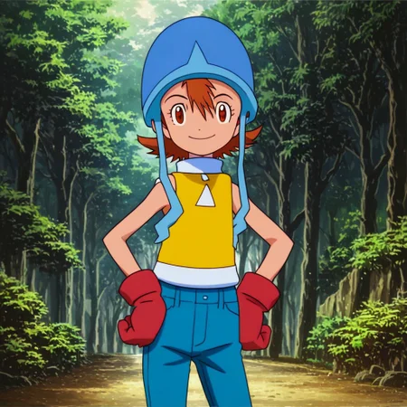 core_9, score_8_up, score_7_up, source_anime, prefect lighting, very aesthetic, intricate details, highly detailed background, high quality, prefect hands, best quality,1girl, digimon, sora takenouchi, short hair, brown eyes, helmet, blue headwear, yellow t-shirt, sleeveless, white high collar, red gloves, jeans, standing, hand on hip, outdoors, forest, looking at viewer, smile, closed mouth