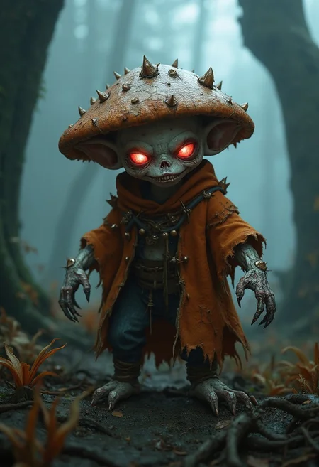 A professional photo of a menacing mushroom goblin standing in a foggy forest. The goblin is small but exudes an ominous presence. Its skin is pale, almost white, with deep wrinkles and dark shadows, giving it a lifeless, eerie appearance. Its piercing red eyes glow with a malevolent intensity, while small, sharp teeth peek out from its gnarled mouth. The goblin wears a dark orange, weathered cloak resembling a mushroom cap, with detailed textures showing small, fungal growths and spikes emerging from its surface. The cloak is tattered, with jagged edges that add to its sinister look. Long, spindly fingers protrude from the goblin’s sleeves, ending in sharp claws, poised as if ready to attack.
The background is a dense, mist-filled forest with towering, twisted trees barely visible through the thick fog. The ground is damp and covered in decaying leaves and fungi, enhancing the atmosphere of decay and gloom. The faint glow of the goblin’s eyes is the primary light source in the dim setting, casting eerie shadows on the surrounding environment. The composition highlights the contrast between the dark, foreboding forest and the glowing figure of the goblin,4k,uhd,RPG Style