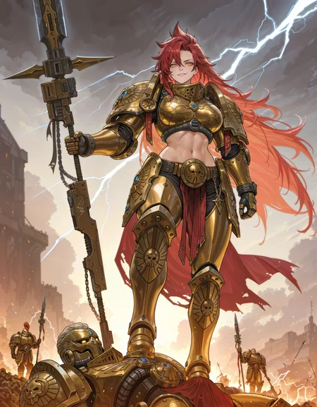 masterpiece, best quality,high quality, newest, highres,8K,HDR,absurdres, iLLCustodes40k, 1girl, spiky hair, very long hair, power armor, golden armor, midriff, chains, holding a spear, lightning, yellow eyes, smirk, stepping on a corpse, <lora:iLLCustodes40k:1>