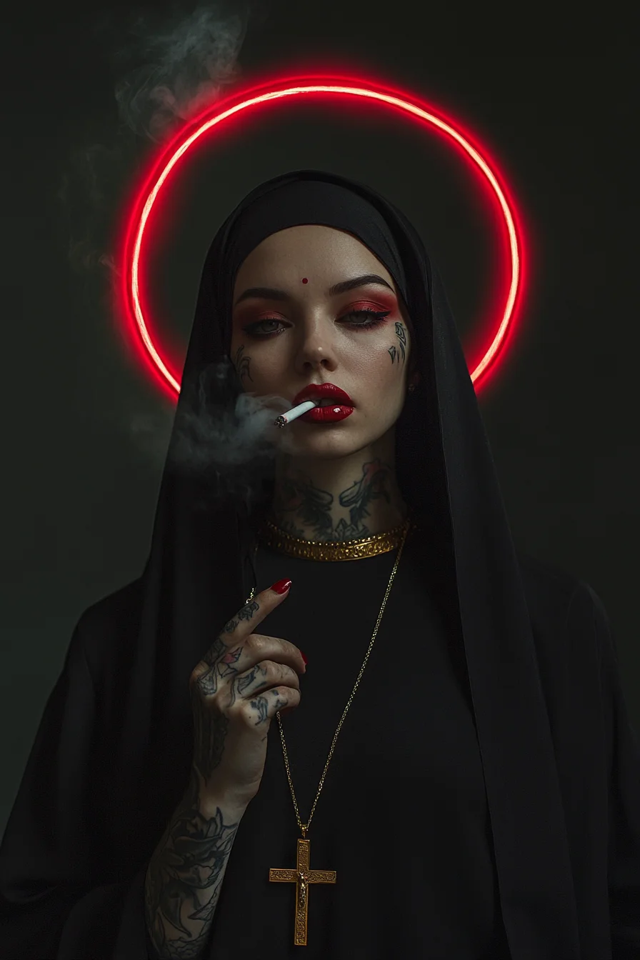 A dark, gothic portrait of a tattooed nun with a modern twist, smoking a cigarette. She wears traditional nun attire with a black veil, her hands adorned with intricate tattoos. A glowing red halo encircles her head, creating a striking contrast against the dark background. Her expression is calm and defiant, with smoke softly drifting around her face. She wears a large gold cross necklace, adding a bold religious symbol to the image. The lighting is moody and dramatic, with detailed shading and a blend of religious and rebellious themes.