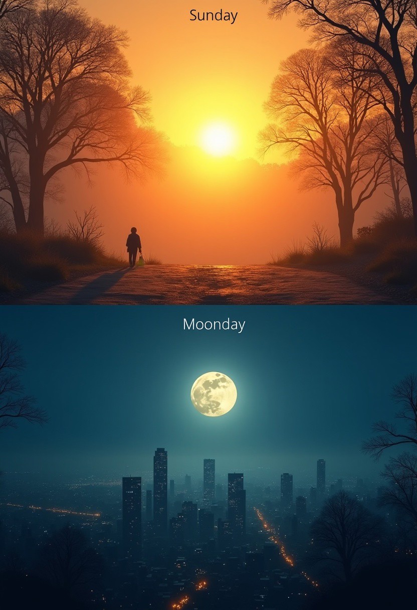 the upper half of the image depicts a bright sunny day in nature, a bright sun, and the caption "Sunday" The lower half of the image shows a twilight gloomy city at night, with the moon in the sky, and the caption "Moonday"