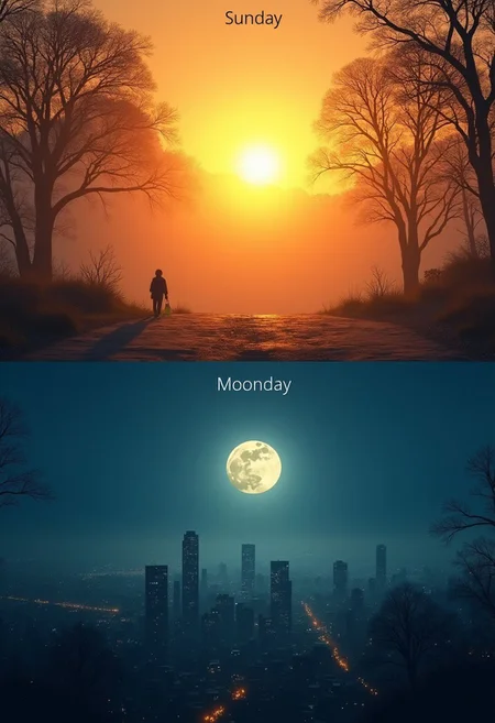 the upper half of the image depicts a bright sunny day in nature, a bright sun, and the caption "Sunday" The lower half of the image shows a twilight gloomy city at night, with the moon in the sky, and the caption "Moonday"