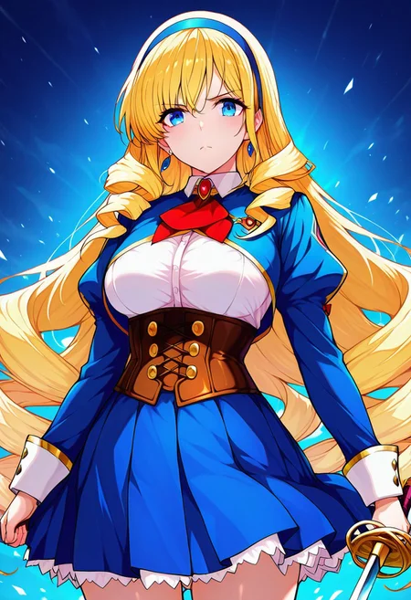 kayoBR, (absurdres, best quality, masterpiece:1.4), amazing quality, highres, newest, detailed, detailed body, detailed face, manga illustration, beautiful,
BREAK
1girl, solo, standing, frown, ShioBR, blonde hair, blue eyes, long hair, blue hairband, hair over hairband, twin drills, corset, school uniform, rapier, unsheathed, holding sword