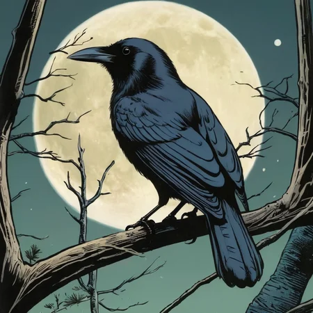 comic book art of <lora:graphic novel style:1.2>
1980's a black bird sitting on a branch in front of a full moon graphic novel style, comic art, graphic novel illustration