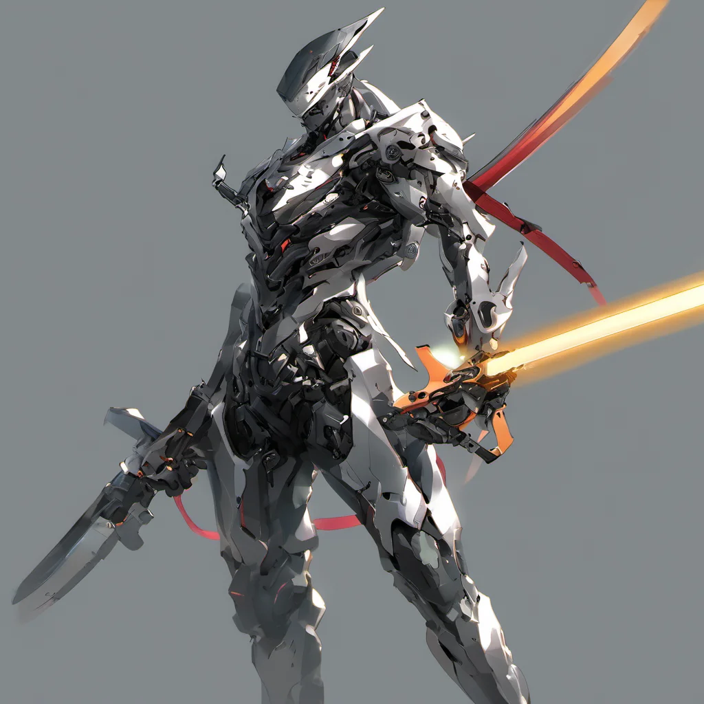 weapon,solo,science fiction,holding,robot,humanoid robot,holding weapon,no humans,sword,glowing,1boy,grey background,mecha,gun,holding sword,cyborg,standing,male focus,<lora:FN_WeiLai-000005:1>,