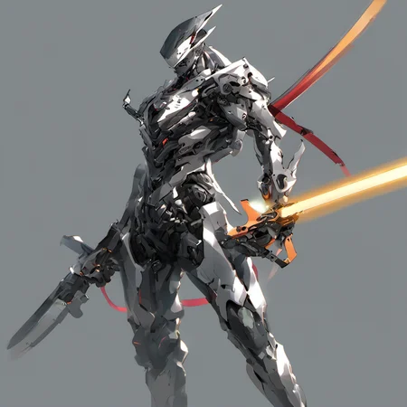 weapon,solo,science fiction,holding,robot,humanoid robot,holding weapon,no humans,sword,glowing,1boy,grey background,mecha,gun,holding sword,cyborg,standing,male focus,<lora:FN_WeiLai-000005:1>,