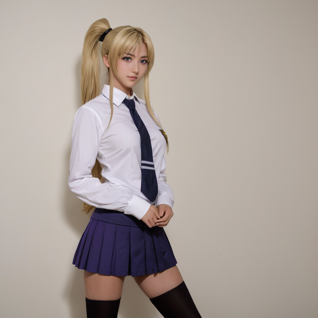 cinematic film still of  <lora:Chiaroscuro Lighting Style:0.8>Chiaroscuro Lighting Style
 <lora:BB_Kaori Saeki:0.6> Kaori Saeki blonde (((purpleeyes)))
Kaori Saeki a woman in a school uniform is posing,1girl,solo,long hair,blue eyes,skirt,blonde hair,simple background,long sleeves,white background,school uniform,ponytail,pleated skirt,necktie,red skirt,blonde hair,long hair,pony tail,eroge,anime,manga,nsfw,cartoon,Adult animation,explicit,Original video animation,Baiburu Burakku style,Bible Black style ,blonde hair, long hair, pony tail, eroge,anime,manga,nsfw,cartoon,Adult animation,explicit,Original video animation, Baiburu Burakku style, Bible Black style, school girl outfit, shallow depth of field, vignette, highly detailed, high budget, bokeh, cinemascope, moody, epic, gorgeous, film grain, grainy