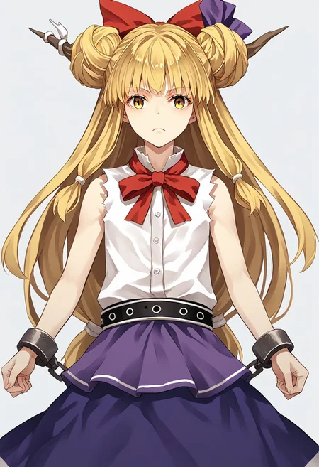 score_9, score_8_up, score_7_up, score_6_up, score_5_up, score_4_up, source_anime, 1girl, solo,
ibuki suika, double bun, blonde hair, low-tied long hair, hair bow, yellow eyes, sleeveless white shirt, belt, purple skirt, shackles,
masterpiece, best quality, very aesthetic, absurdres,